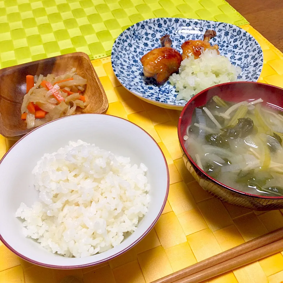 切り干し大根の炊いたん、ぷちローストチキン、菜っ葉のお味噌汁|舐め子さん