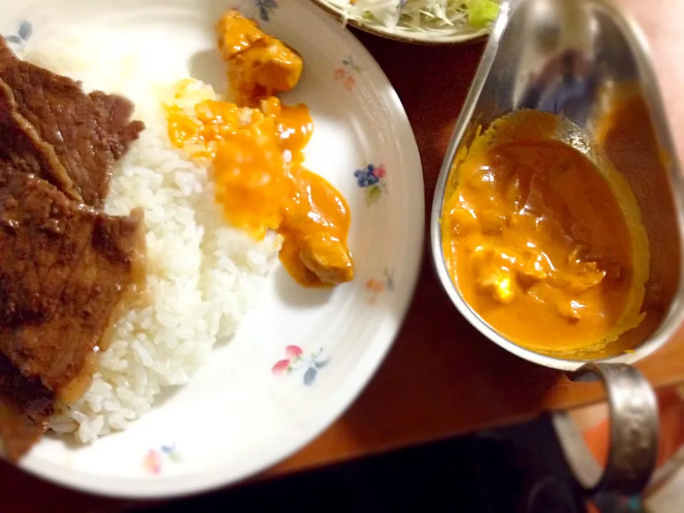 Snapdishの料理写真:いなばのチキンとインドカレーに昨日の残りの牛肉のワイン煮|Kunisanoさん