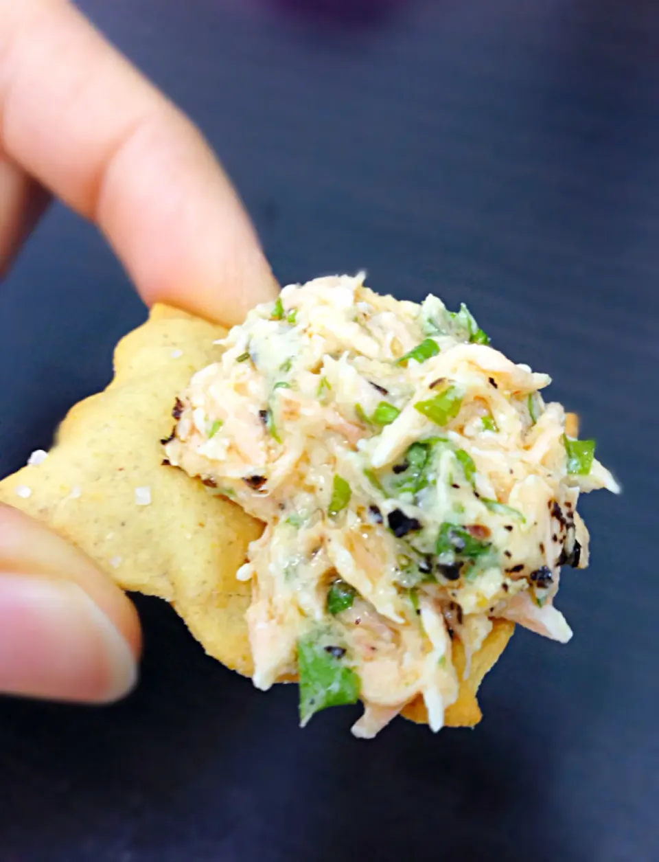 Snapdishの料理写真:Salmon salad on chickpea cracker|coxiella24さん