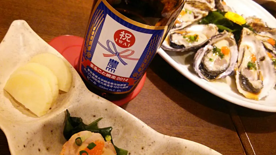 Snapdishの料理写真:サッポロビールと東京農大コラボビールと生ガキ|meguromenさん