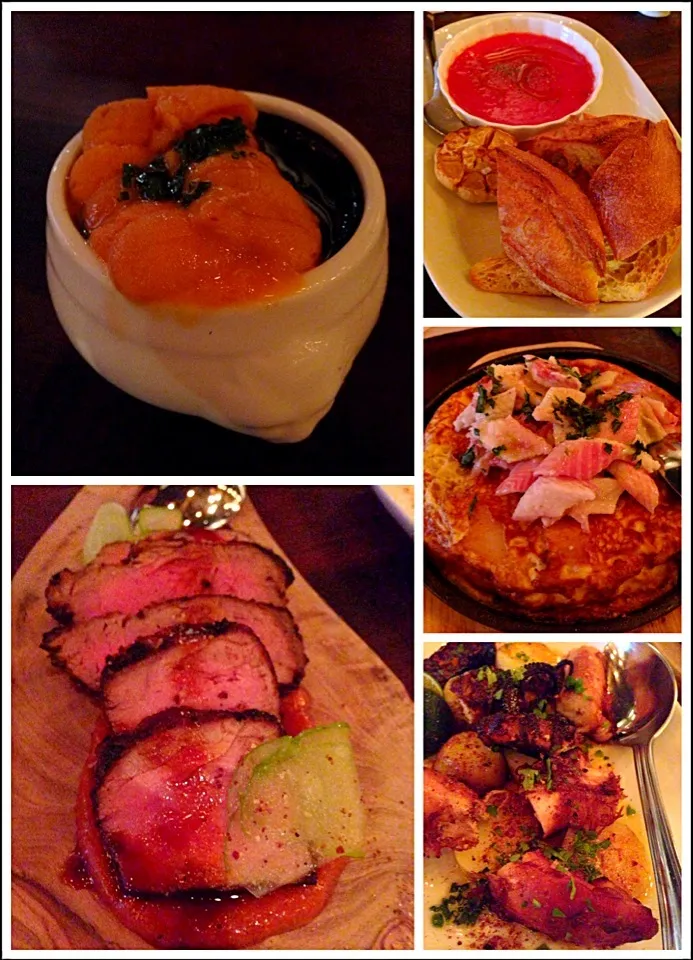 Dinner at Lolla - sea urchin pudding, baguette with roasted garlic & tomato, tortilla with smoked eel, chargrilled octopus, chargrilled pork collar|coxiella24さん