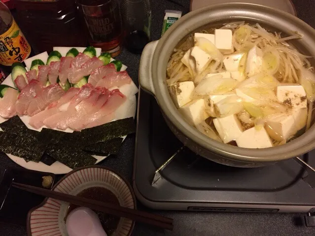 湯豆腐、カンパチのお刺身、キュウリ海苔❗️꒰#'ω`#꒱੭✨|サソリさん