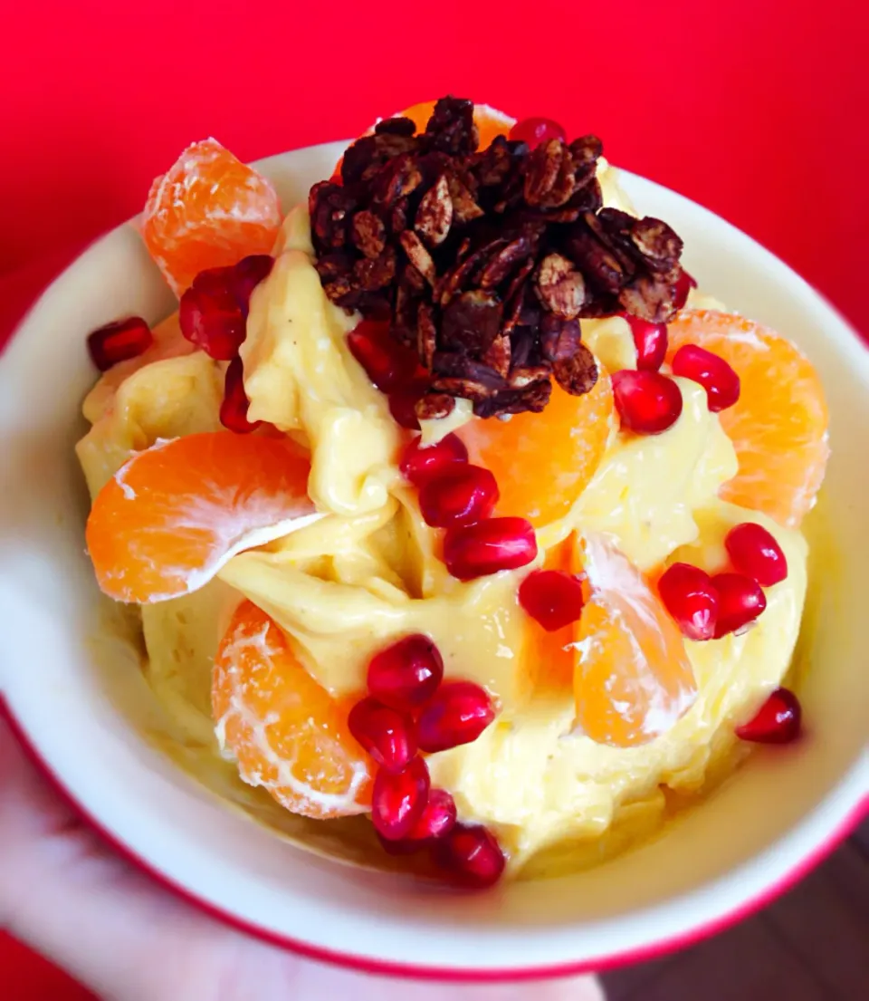 Snapdishの料理写真:Banana mango 'ice cream' with Mikan, pomegranate and chocolate granola cluster|coxiella24さん