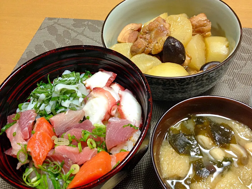 海鮮丼、大根と鶏肉の煮物|ねむねこさん