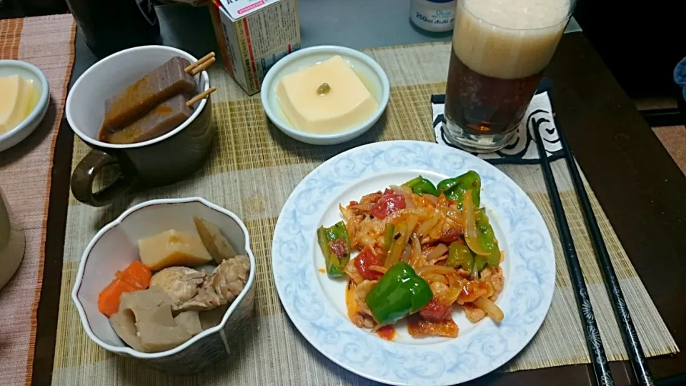 玉子豆腐＆がめ煮＆豚肉のケチャップ煮＆蒟蒻|まぐろさん