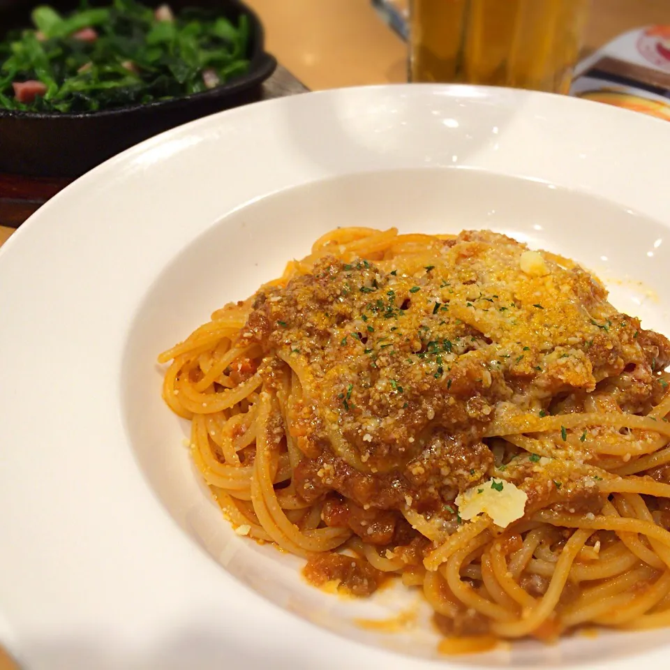 ミートソーススパゲッティ  ほうれん草|さるさん