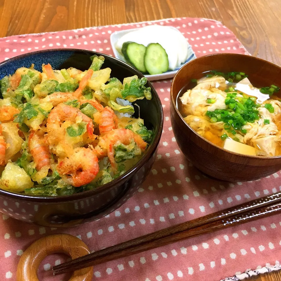 Snapdishの料理写真:えびじゃこと春菊と玉ねぎと人参のかき揚げ丼|＊Haruna＊さん