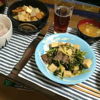 Snapdishの料理写真:おでんと大根葉っぱと牛肉と高野豆腐の甘辛炒めと水菜ナムル♡|mihoさん