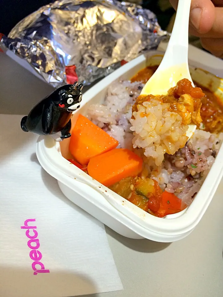 Snapdishの料理写真:peachの機内食。16穀米とキーマカレーラタトゥイユ添え！|大阪カレー部長さん