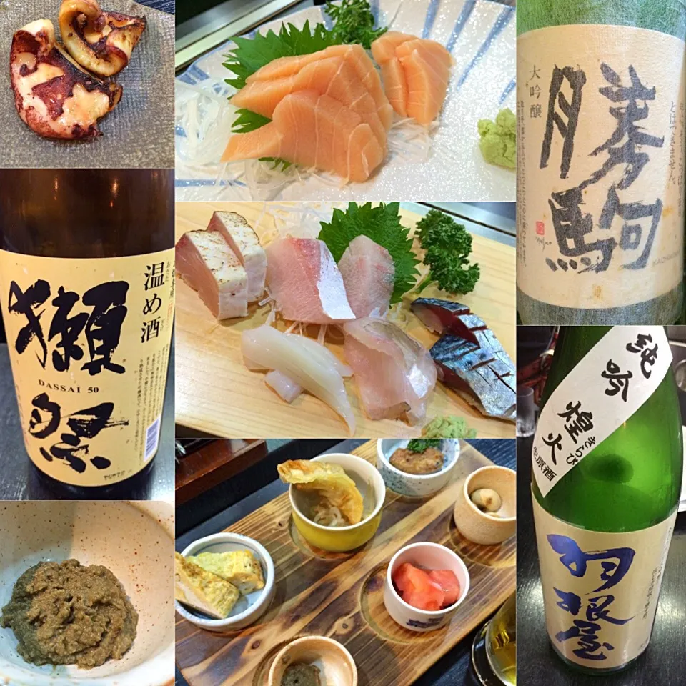 Snapdishの料理写真:富山の居酒屋竜洋さんの晩酌セット+特上サス刺身(カジキマグロ)+自家製蟹ミソ 追加のお酒は勝駒大吟醸と獺祭温め酒の冷と羽根屋純吟煌火|uchikawa hiroshiさん