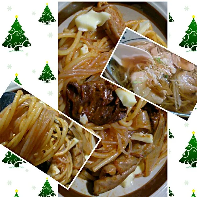 Snapdishの料理写真:30日ふうびの肉そば、夜もつデミソースのパスタ|こやっこさん