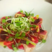 Snapdishの料理写真:ahi tuna with a beet puree and pickled cucumber noodles|chrisさん