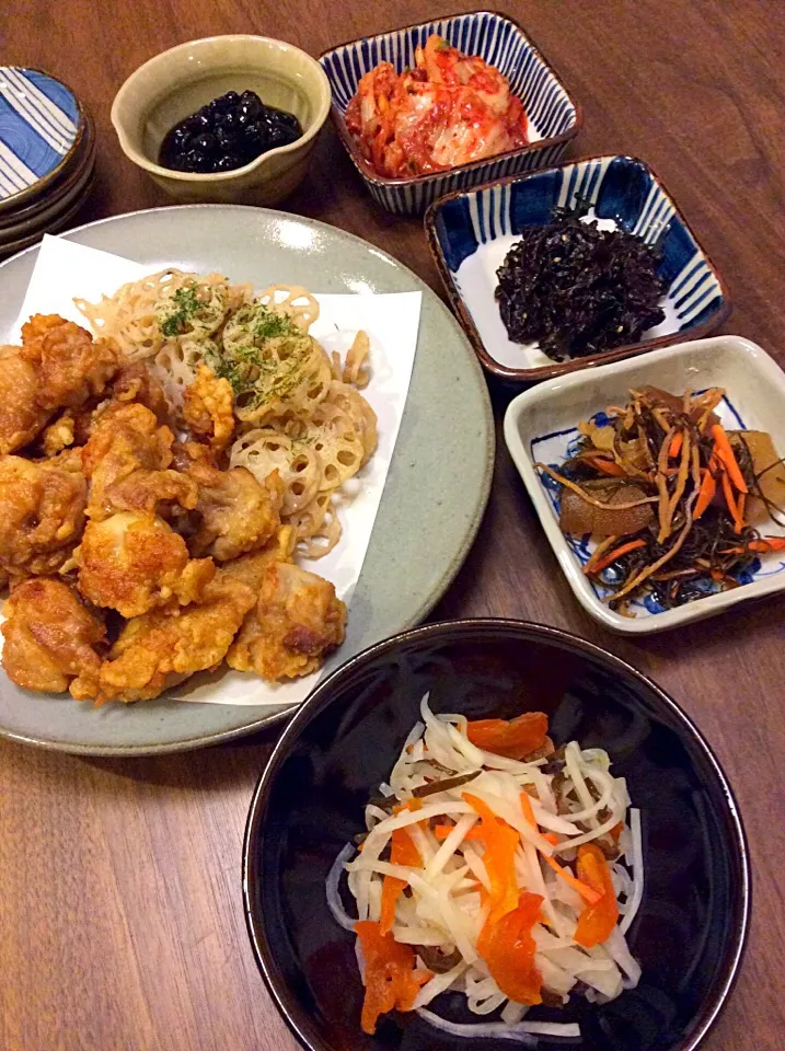 唐揚げ  蓮根素揚げ 松前漬け 黒豆 なます|ちょこりんさん