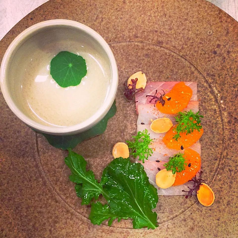 Snapdishの料理写真:Cured Cobia, almond-miso soup, tangerine|andrew franciscoさん