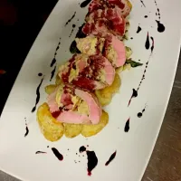 sauerkruat, dijon, bacon pork roulade, with satue brussle sprout, and parm roadted fingerling potato, finished with port reduction|bethanyさん