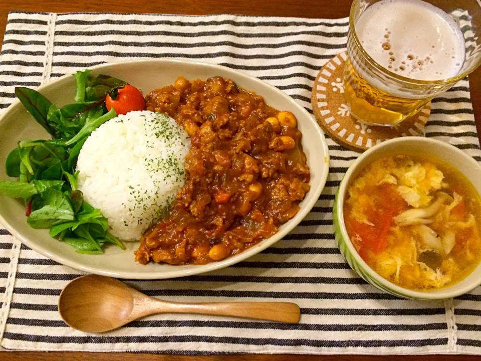 お雑煮が余った。じゃあキーマカレー  ミニトマトスープ|haseseさん