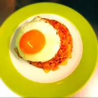 キムチチャーハン(*●⁰ꈊ⁰●)ﾉ半熟目玉焼きのせ٩̋(๑˃́ꇴ˂̀๑)