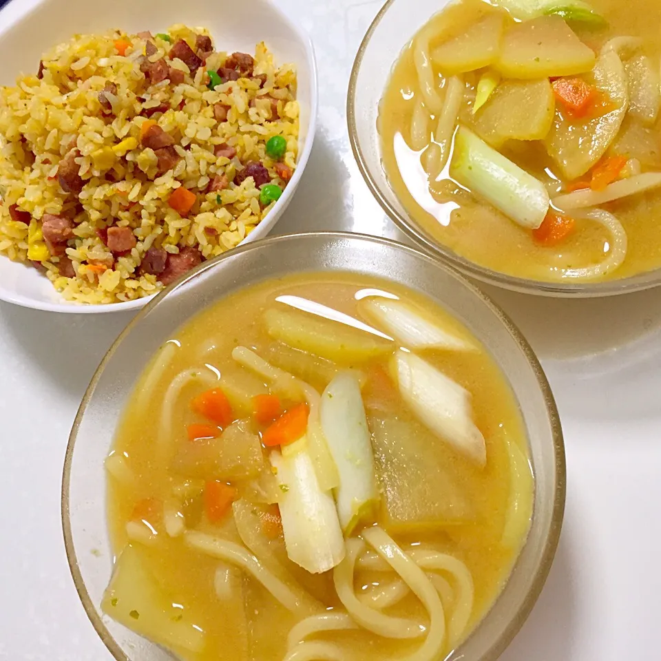 焼豚チャーハンと、柚子こしょう風味味噌うどん♡|湊叶ママさん