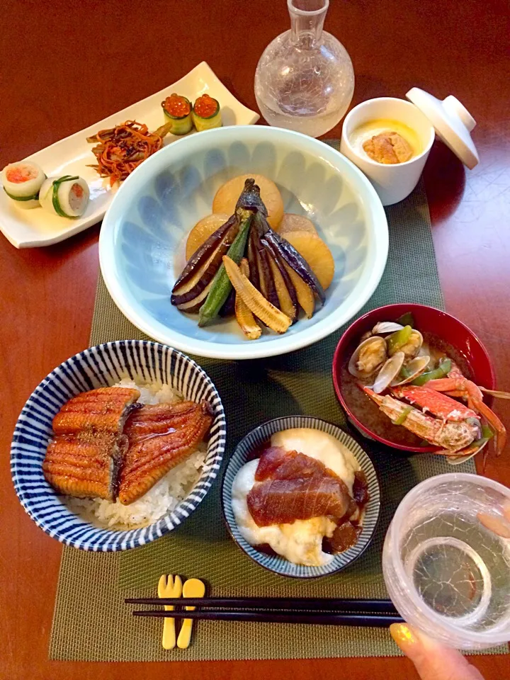 Today's Dinner🍴前菜･漬鮪の山かけ･雲丹の茶碗蒸し･鰻丼･渡蟹とあさりのお味噌汁|🌈Ami🍻さん