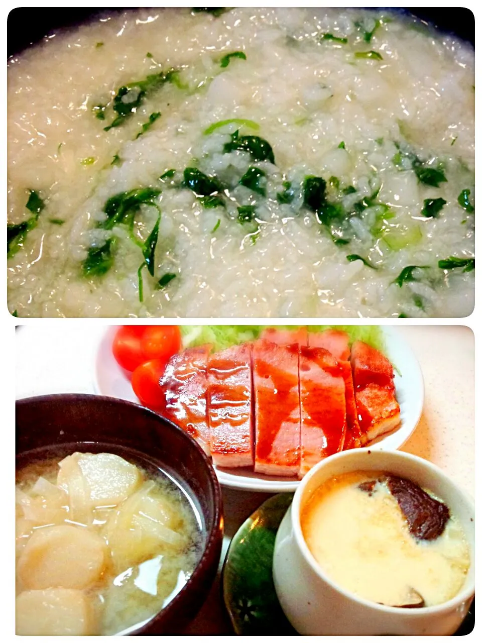 Snapdishの料理写真:七草粥＊茶碗蒸し＊ハムステーキ＊大根とお麩の味噌汁♡|ゆっこさん