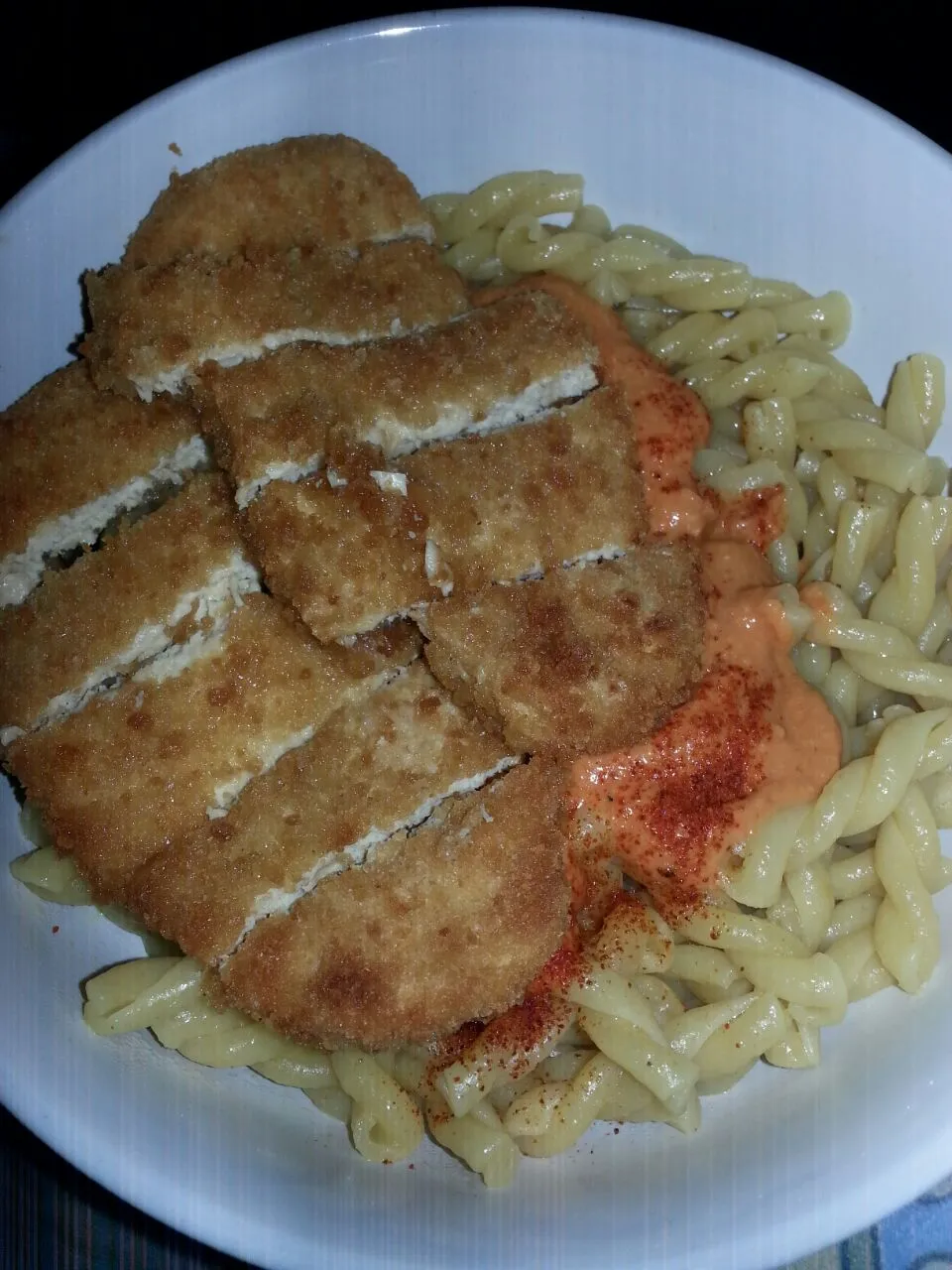 Snapdishの料理写真:pasta with Victoria's vegan Alfredo and gardein chix patties.|Polly Gelfusoさん