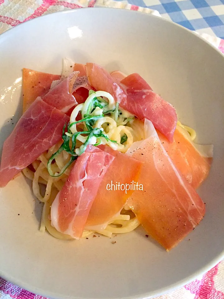 Creamy garlic pasta with prosciutto|chitopilitaさん