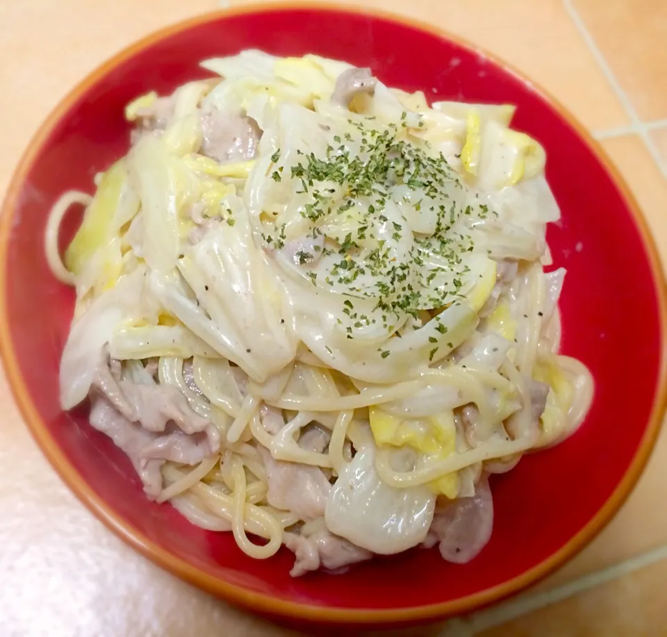 豚肉と白菜のクリームパスタ|こじ∀こじさん