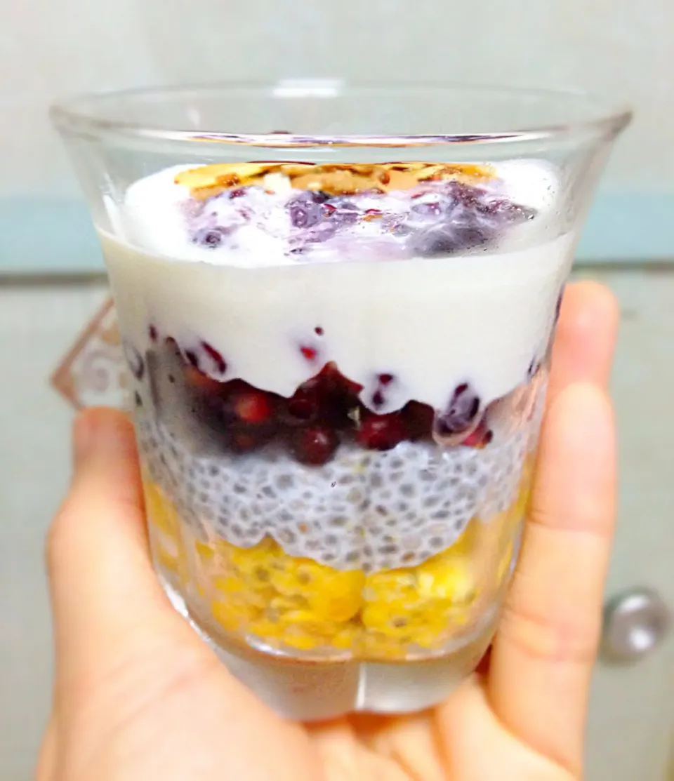 Snapdishの料理写真:Breakfast parfait - pumpkin overnight oats, chia pudding, pomegranate and Greek yogurt|coxiella24さん