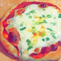 Snapdishの料理写真:3 cheese (Green onion, habanero, mozzarella) stove top pizza|Katherineさん