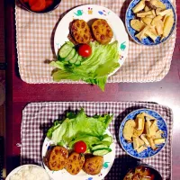 Snapdishの料理写真:長芋とエリンギの醤油バター炒め、サラダ、れんこんのハサミ焼き、汁物|のったんさん