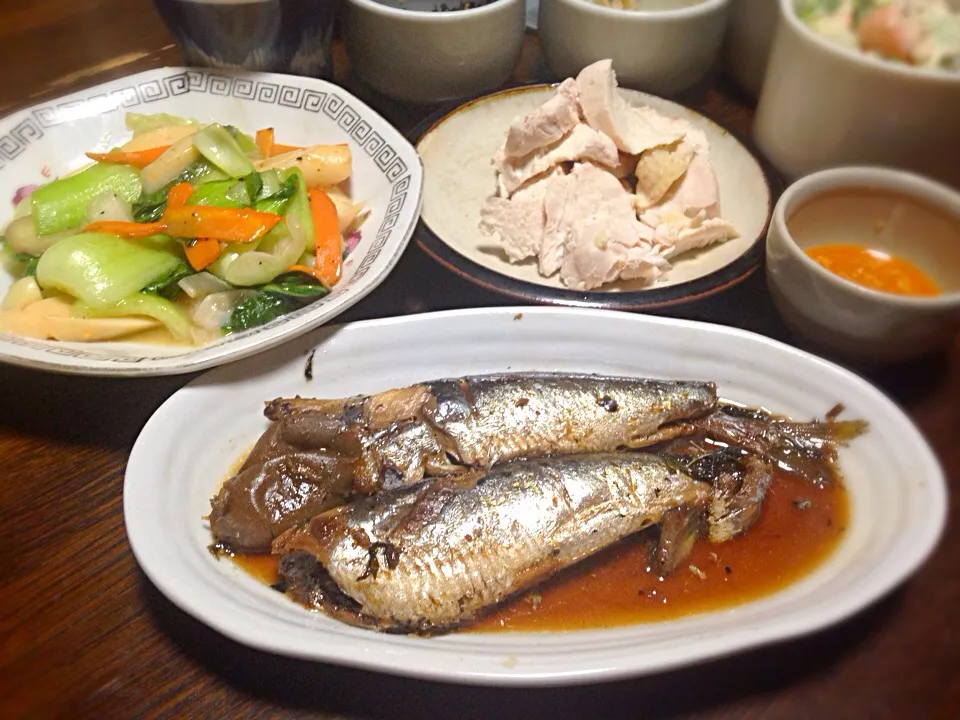 晩ごはん いわしの梅煮 青梗菜炒め 茹で鶏|ぽんたさん