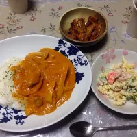 バターチキンカレー、マカロニツナサラダ、鶏皮パリパリ焼き|noolongさん