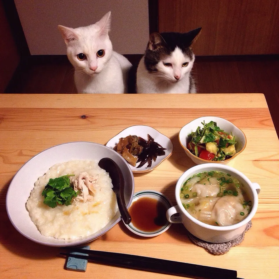 中華粥・白菜のスープ餃子・アボカドとパクチーサラダ❁|naouさん