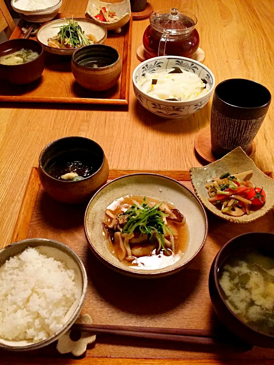 スズキのキノコ野菜あんかけ/胡瓜もずく酢/具だくさん野菜きんぴら/じゃがいもわかめ味噌汁/ご飯|lotusさん