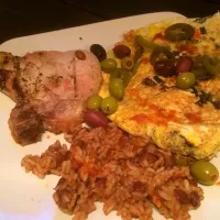 Snapdishの料理写真:Grilled pork chop, red beans & rice, feta cheese scallion omelet with olives and jalapeños!|fricks foodさん