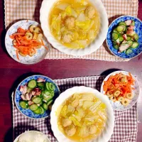 きゅうりとタコの酢の物、つくねと白菜の鍋煮込み、にんじんとちくわのサラダ|のったんさん