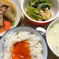 Snapdishの料理写真:煮物とおひたしと七草ﾊﾟｲﾀﾝｽｰﾌﾟfeat.醤油漬けたまご|Ayako  Hosakaさん