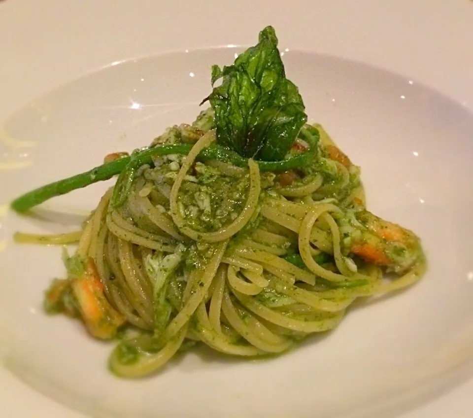 bavettini alla genovese - king crab, green asparagus, genovese pesto|Moeさん