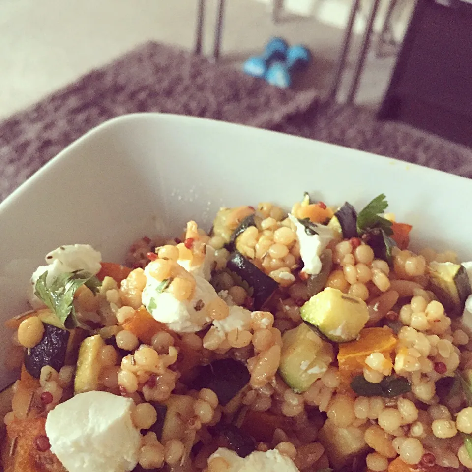 Roasted pumpkin and zucchini pearl couscous topped with goats cheese|charmaineさん