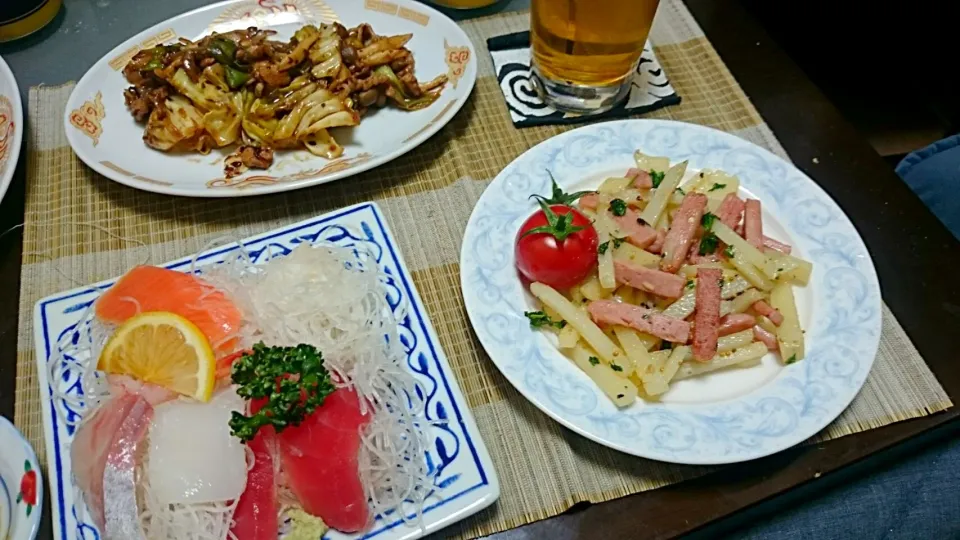 刺身＆回鍋肉＆じゃがいもとスパム炒め|まぐろさん