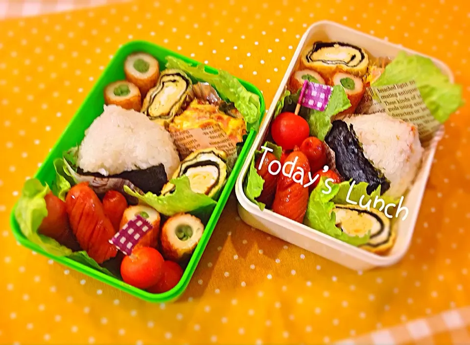 Snapdishの料理写真:〜今日のお弁当〜                       竹輪インゲンの醤油バター焼き。ピーマンと玉ねぎとベーコンのグラタン。 海苔玉子焼き。ウィンナーケチャップソテー。|Brendaさん