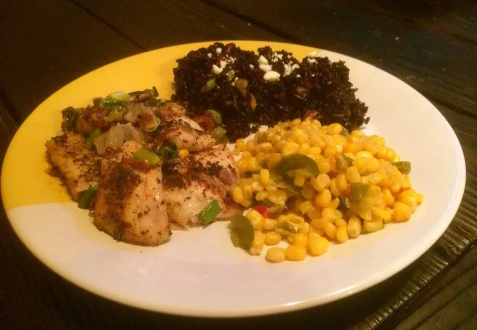 Blackened tilapia, Black rice with scallions, garlic, olives and mexican corn.|fricks foodさん