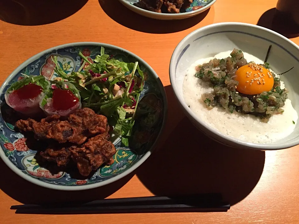 ネギトロ丼とフグの唐揚げ|すみかさん