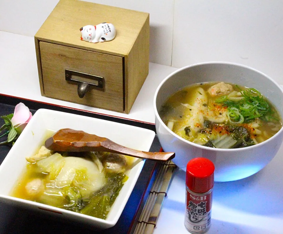 水餃子と肉団子の具沢山スープ  とうる餅とうどん  美味しい。😋|Hiroshi  Kimuraさん