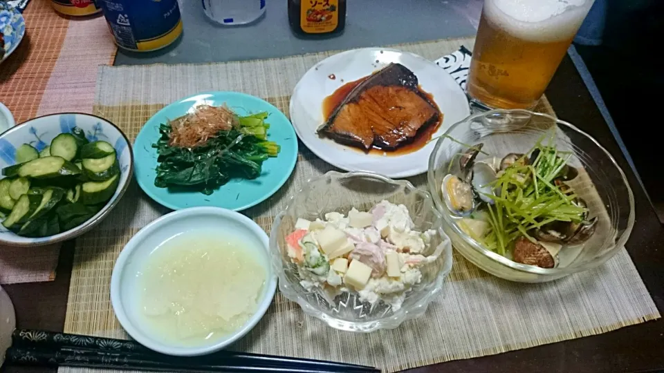 Snapdishの料理写真:ぶりの照り焼き＆あさりの酒蒸し＆ほうれん草のお浸し＆ポテトサラダ|まぐろさん