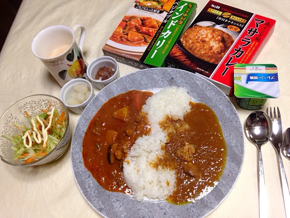 まだ胃が疲れていたので、漢方的に、レトルトのインドカレー。特にチキンカレーがお気に入りです。大根、人参、レタスのサラダ。マサラチャイ。ヨーグルト。らっきょうと福神漬け|Keiko Moritaさん