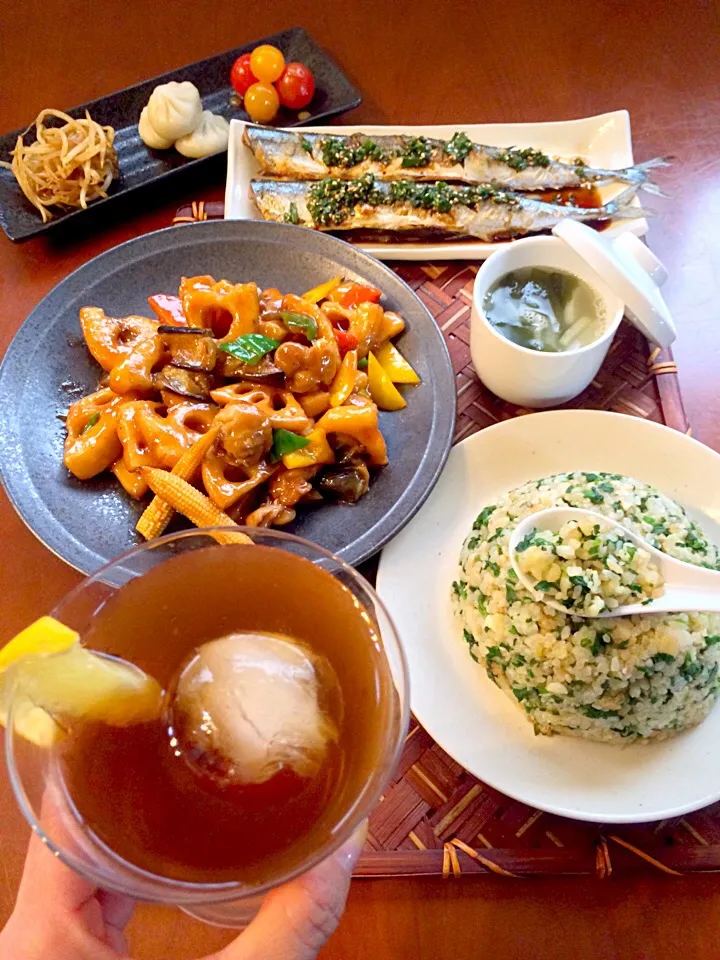 Today's Dinner🍴前菜･秋刀魚の葱だれ焼き･黒酢酢豚･大根とﾜｶﾒの中華ｽｰﾌﾟ･翡翠炒飯|🌈Ami🍻さん