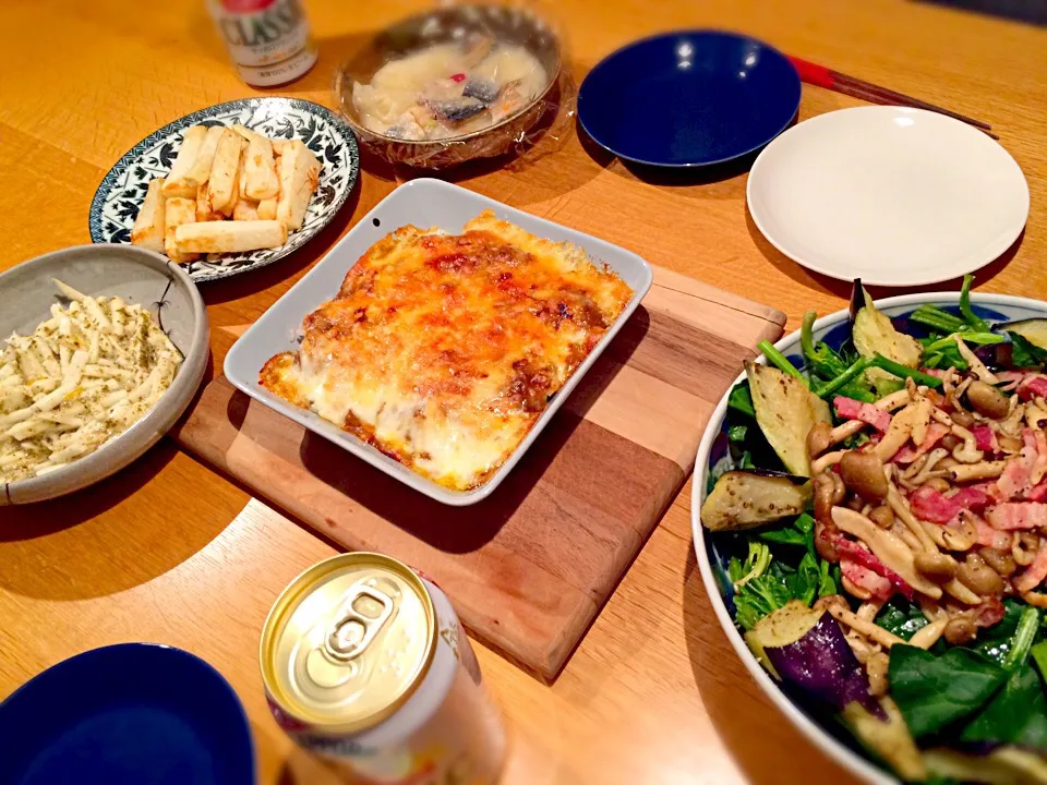 ほうれん草サラダ 2日目のキーマカレーで焼きカレー 長芋ネバネバ昆布和え フライド長芋 にしん漬け|doc3387さん