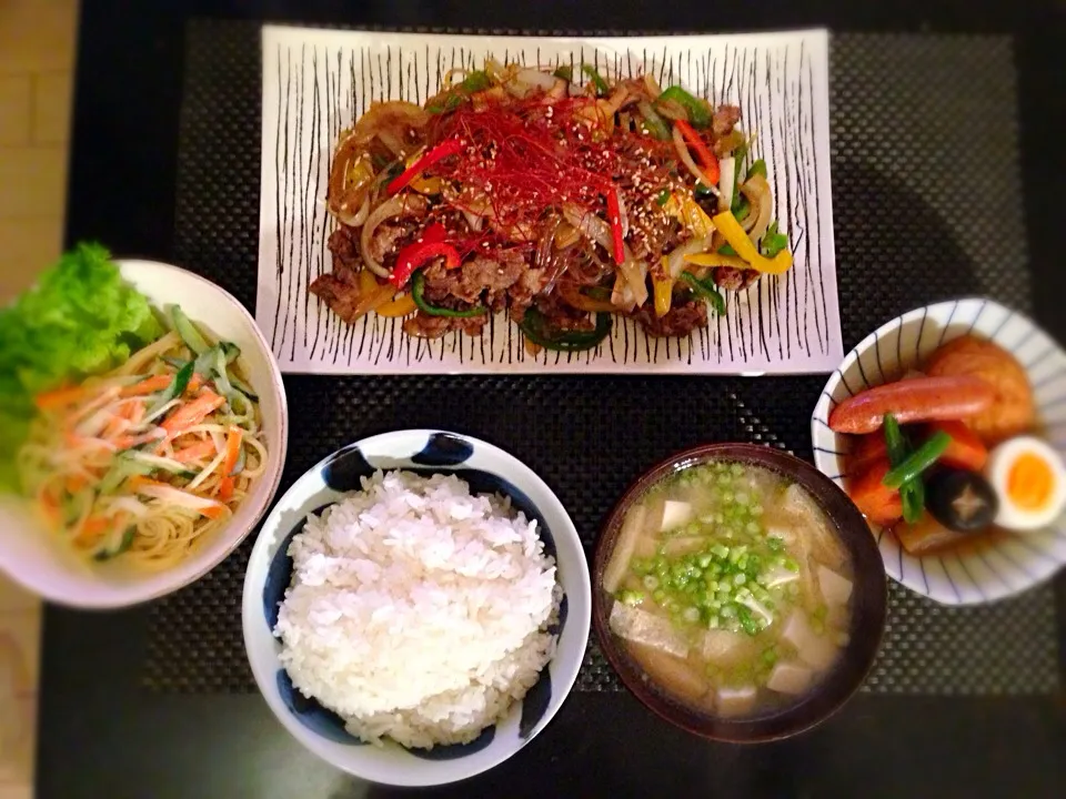 チャプチェ、煮物、明太パスタサラダ、豆腐と揚げのお味噌汁|ayumiさん