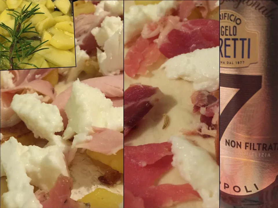 Pizza patate al rosmarino, crudo semi di finocchio, bufala, birra poretti 7L la melizia|matteo pisanoさん